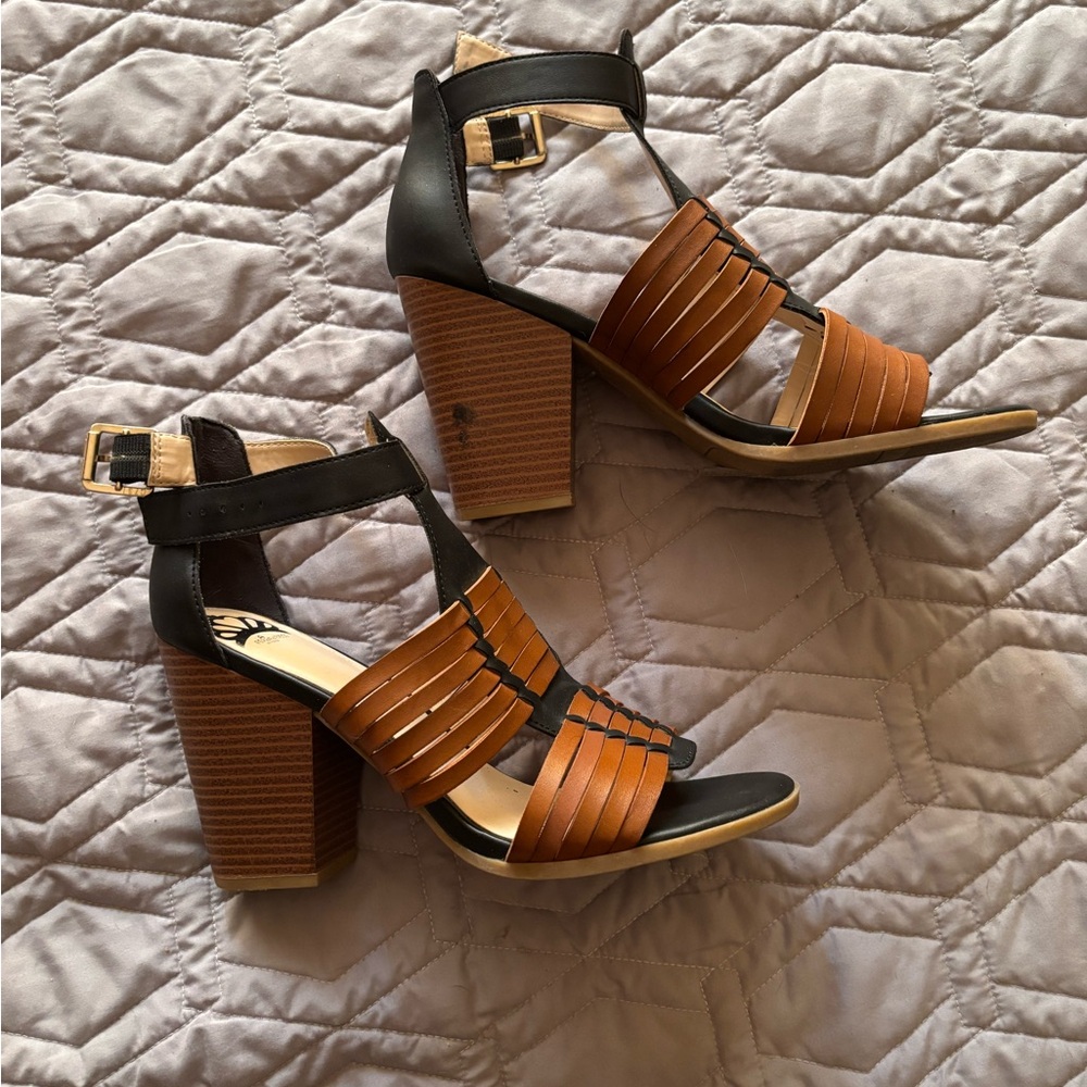Fergalicious Black and Brown Heeled Sandals with Strappy Design
